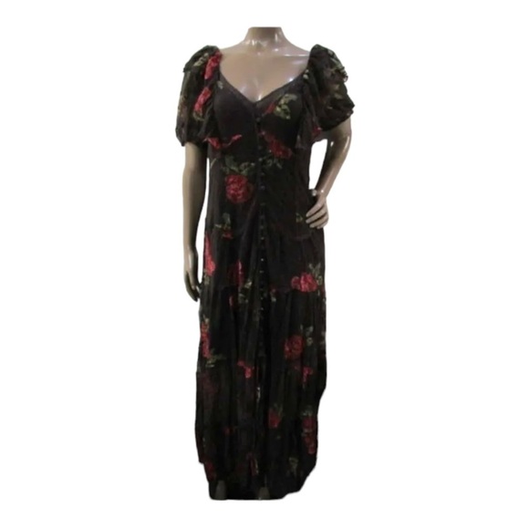 NWT FREE PEOPLE Brown Red Floral Lace Button Front Flutter Sleeve Maxi Dress XS - Picture 11 of 14